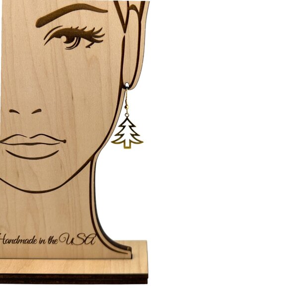 Christmas Tree Cut-out Earrings 24KT Gold Plated Pine Trees Gold Plated Hooks - Picture 8 of 10